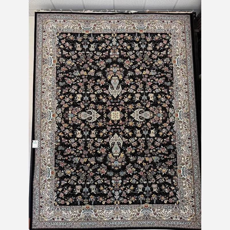 فرش ماشینی کاشان700شانه100درصدآکرلیک طرح سعادت سرمه ای12متری(باارسال رایگان)