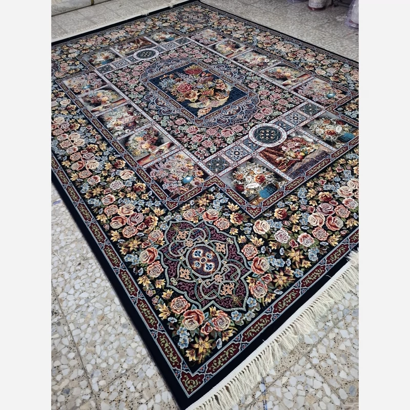 فرش ماشینی کاشان 700شانه100درصدآکرلیک طرح باغ ارم مشکی6متری(باارسال رایگان)