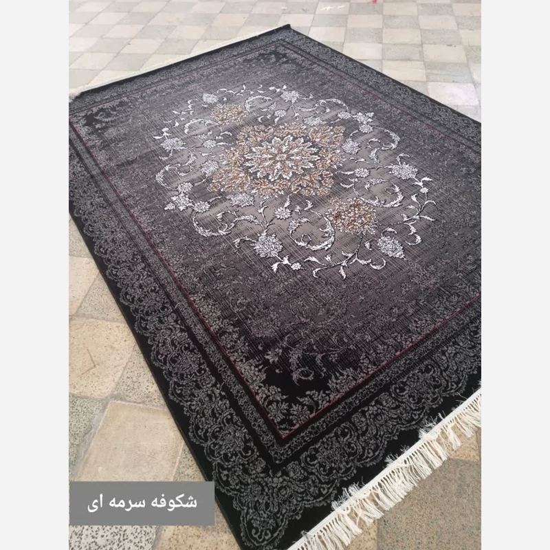 فرش ماشینی کاشان طرح شکوفه سرمه ای9متری440شانهBCF(باارسال رایگان)