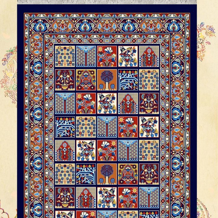 گلیم فرش ماشینی کاشان طرح خشتی سرمه ای(4در1)(هزینه ارسال باخریداروپس کرایه میباشد)